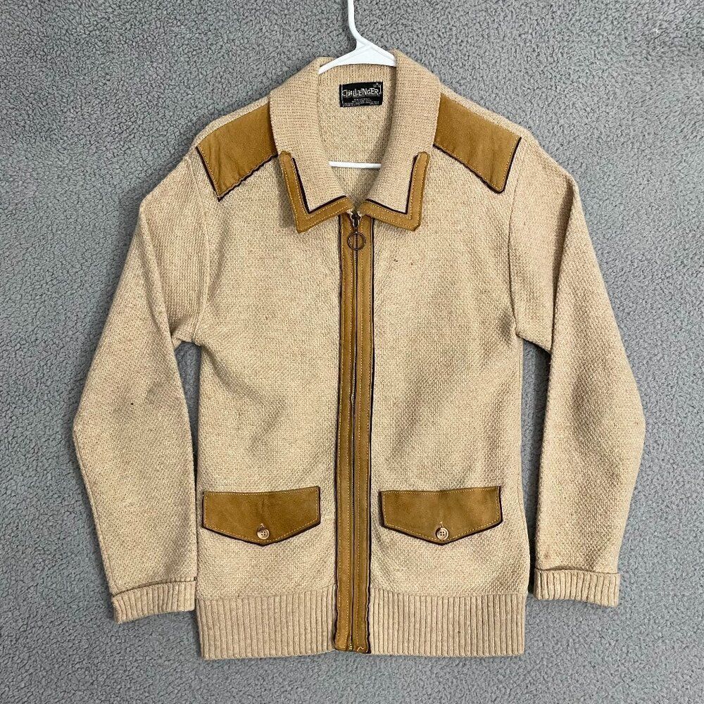 Vintage 60s Challenger Sweater Men S Tan Leather Trim Knit Full Zip